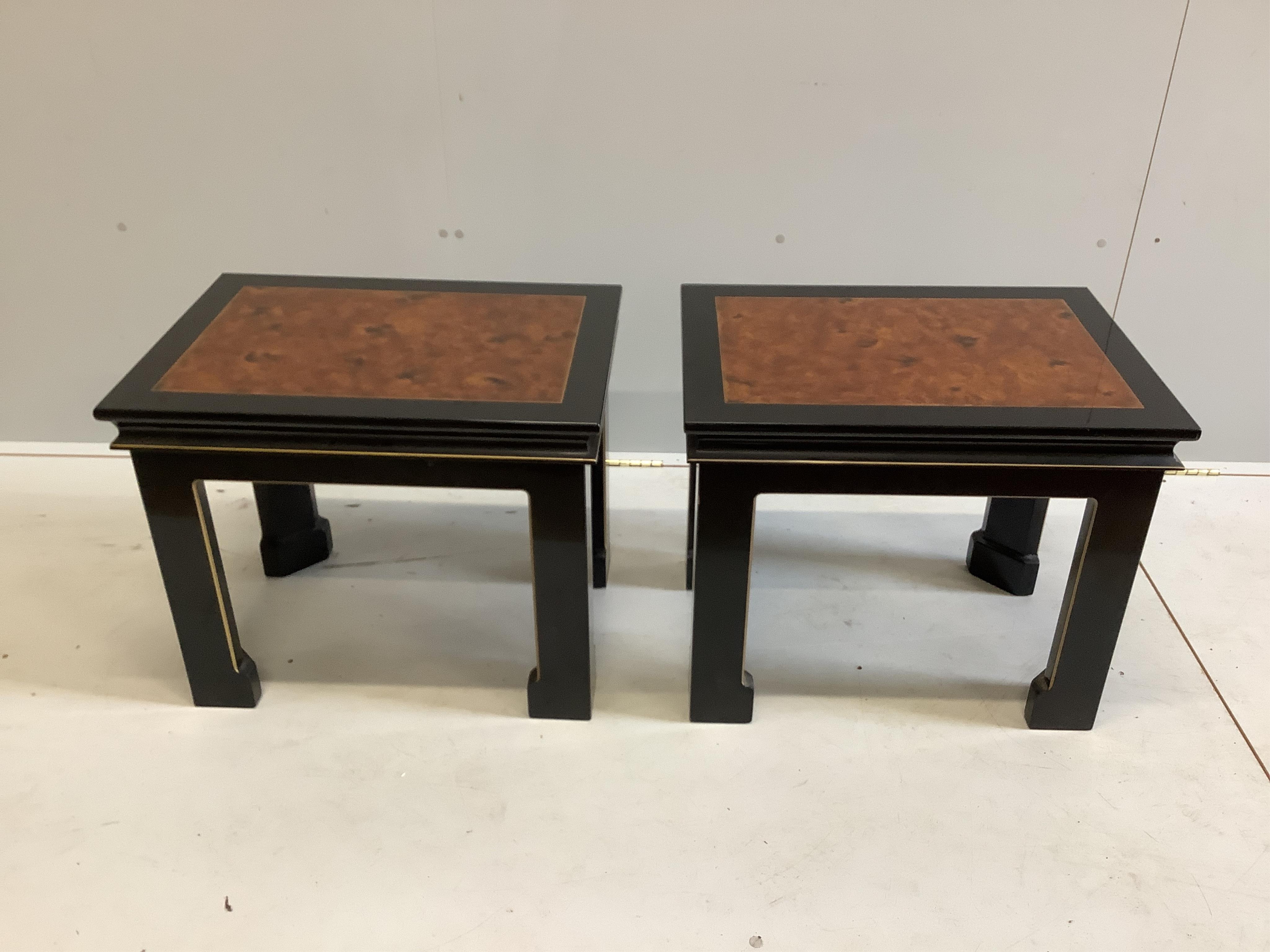 A pair of rectangular Chinese ebonised occasional tables, width 45cm, depth 61cm, height 50cm. Condition - good